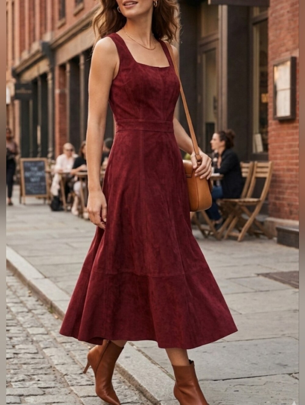 ​Antonio Melani Luxury Suede Norah Square Neck Midi Dress, Brick Red Size 0